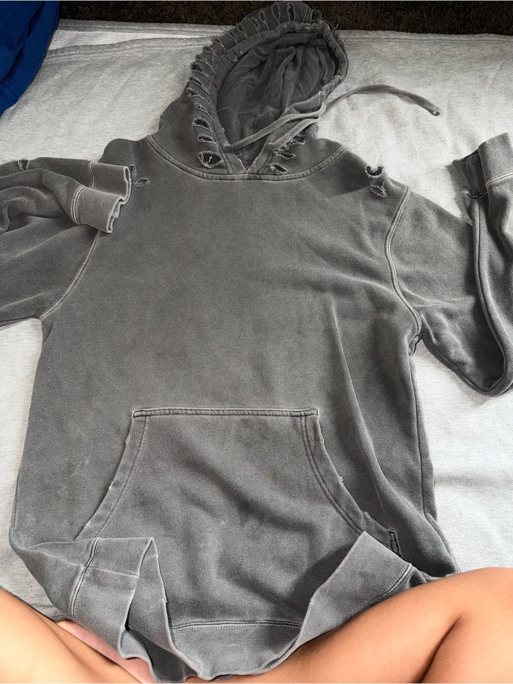 Washed Gray Distressed Hoodie with Front Pocket